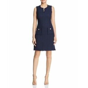 Karl Lagerfeld Paris Tonal Tweed Pocket Dress In Navy Sleeveless Women’s Sz 16